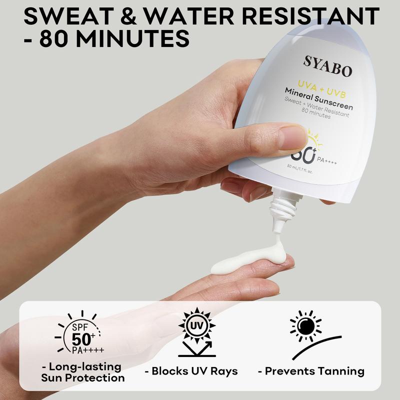 SYABO Mineral Sunscreen, SPF 50+ Sensitive Mineral Sunscreen with Titanium Dioxide, Water Resistant Sun Cream, Broad Spectrum UVA/UVB Sun Protection, 1.7 FL OZ Facial Moisturize Skincare Skin Repair centella serum