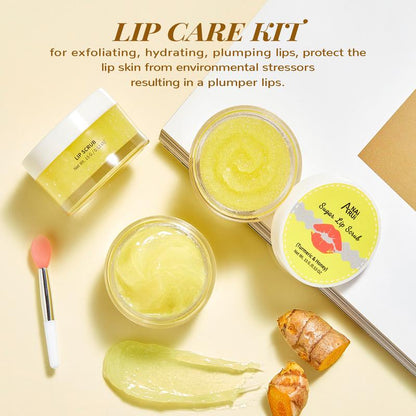 ANAiRUi Turmeric+Honey Lip Care Kit - Lip Sleeping Mask & Exfoliator Scrub - Overnight Lip Skin Treatment - Scrub & Moisturizer for Dry Chapped Cracked Peel - Hydrating Skincare Lip Care Kit for Women and Men