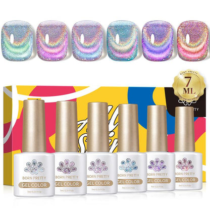 BORN PRETTY Rainbow Glass Cat Eye Magnetic Gel Polish 6 Colors Nails Art Set With Magnetic Stick Need UV Light