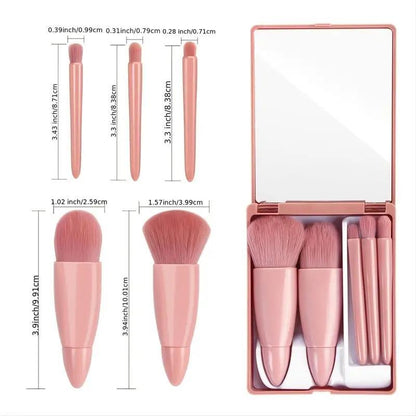 Portable Makeup Brush Set with Mirror Case, 5 Counts/set Mini Makeup Brushes for Foundation, Powder, Cosmetic Tool,?Back To School