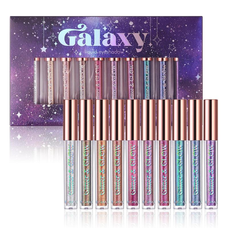 Glitter Liquid Eyeshadow Set, 10pcs Metallic Shimmering Eye Shadow, Glittering Brightening Highlighting Liquid Stick for Crystal Eye Makeup, Sequin Eye Shadow, Sparkling Eyeliner Lying Silkworm Stick