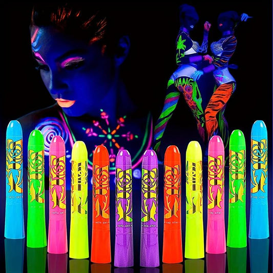 12 Pcs Glow In The Dark Body Face Paint Neon Glow In The Black Light UV Fluorescent Crayons Paint Sticks Makeup Kit For Adults Halloween Makeup Masquerade Mardi Gras Blacklight Birthday Party