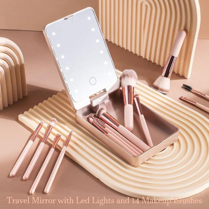 LED Makeup Mirror & Makeup Brushes Set, 1 Count Cosmetic Mirror Storage Box & 14pcs Multi-use Cosmetics Brushes, Professional Makeup Brush Set, Back To School Midnight Shimmer