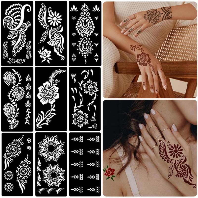 Vintage Floral Pattern Temporary Tattoo Stencil, 9pcs/set Self-adhesive Body Art Tattoos Paint Sticker, Beauty & Personal Care Fake Tattoo