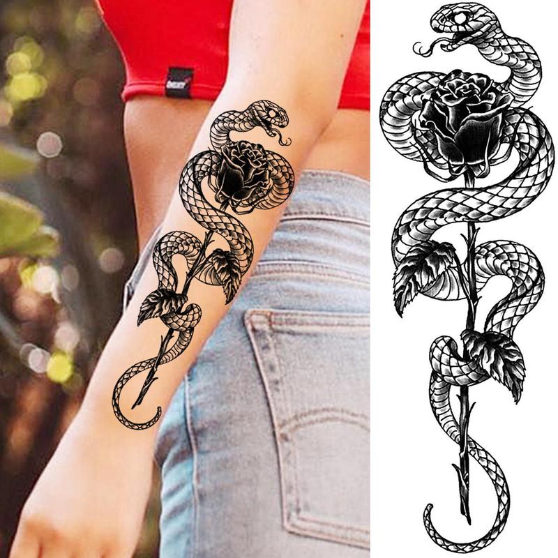 Snake & Flower Pattern Temporary Tattoo Sticker, 10pcs/set?Realistic Arm Tattoo Sticker, Body Decoration for Men & Women