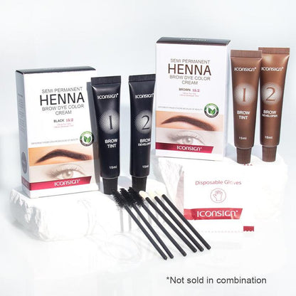 Henna Brow Dye Color Cream Set, 1 Long Lasting Brow Tint Cream & 1 Brow Developer & 3 Lip Brush & 3 Mascara Brush & 1 Paste Spoon & 1 Pair Disposable Gloves