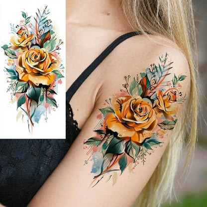 1 Sheet 3D Rose Pattern Temporary Tattoo Decal, Flower Pattern Fake Tattoo Sticker, Waterproof Body Art Decoration for Women & Girls