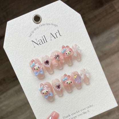 Press on Nails Handmade Short Nails Pink Cute 3D Pearls