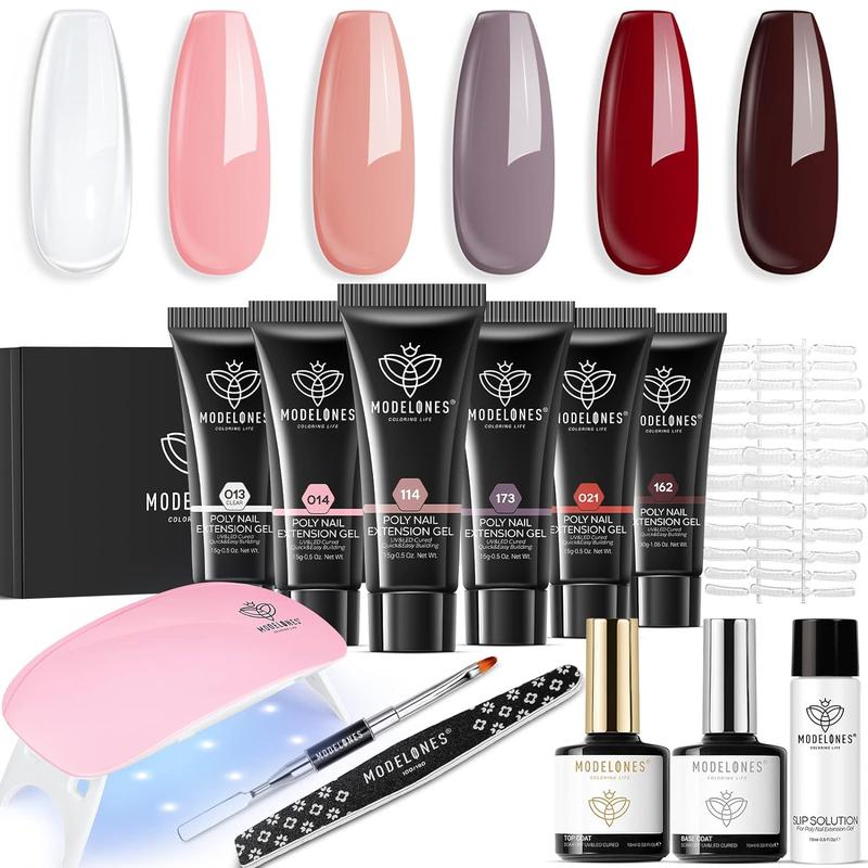 Modelones 13Pcs Poly Nail Extension Gel Kit, 6 Colors 15g Builder Extension Gel with Mini Nail Lamp brush Slip Solution Rhinestone Nail Manicure All-in-One Kit French Nail Beginner Kit birthday Gift nail care home DIY gel-x 2024 new gelx