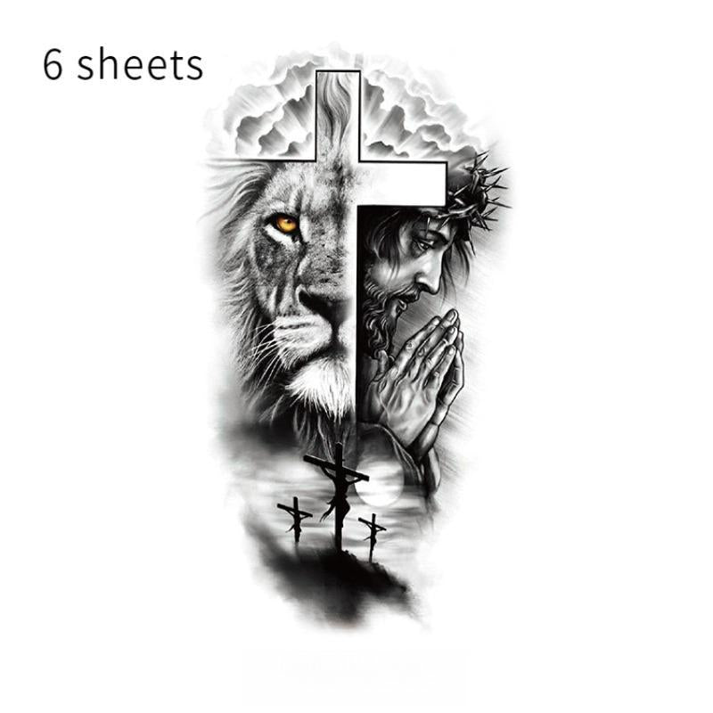 Cross & Lion Pattern Long Lasting Temporary Tattoo, 6 Counts/set Waterproof Body Art Fake Tattoo Sticker, Realistic Beauty & Personal Care Tattoo for Women & Men