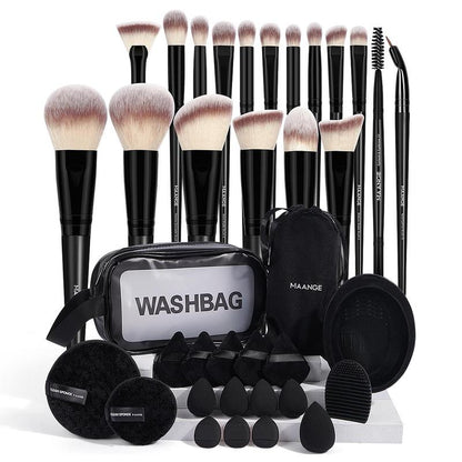 Makeup Brush & Puff with Container, 37pcs/set Makeup Brushes & Puff, Including 18 Cosmetic Brushes 15 Sponges 2 Bags 1 Cleaner Bowl and 1 Scrubber Egg, Makeup Brushes Sets