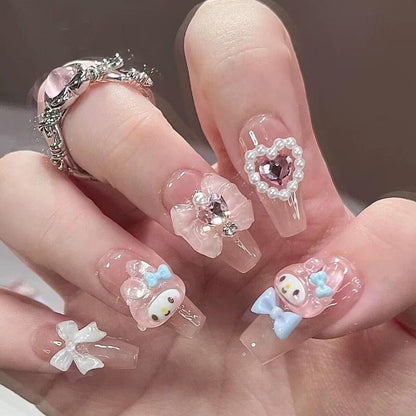 Press on Nails Handmade Short Nails Pink Cute 3D Pearls