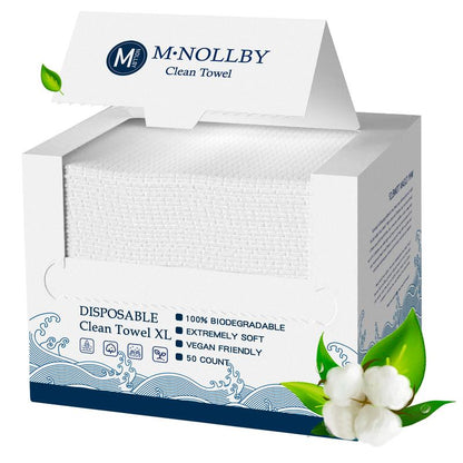 M¡¤NOLLBY XL Large Disposable Face Towel Makeup Remover Wipes for Drying Washing Biodegradable Clean Facial Towels AA11*12 Inches Extra Soft Thick Cleaning Washcloths for Bathroom, Sensitive Skin, Travel 50/100 Count