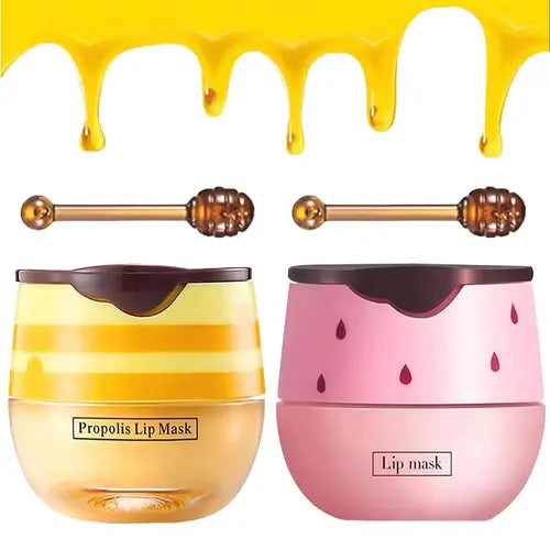 Strawberry & Honey Bee Balm Lip Mask Set (2pcs): Day & Night Hydration, Lip Care, and Repair with Propolis - Lighten Dark Lips, Reduce Wrinkles & Lip Lines - Includes Lip Brush