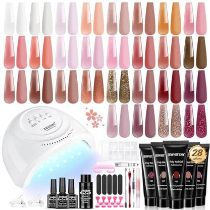 JEWHITENY 28 Colors Poly Gel Nail Kit Nude Gray Black grey Blue yellow purple Glitter All In One Starter Kit Poly Extension Gel Nail Kit With Nail Lamp Base Top Coat Builder Gel Nail Kit