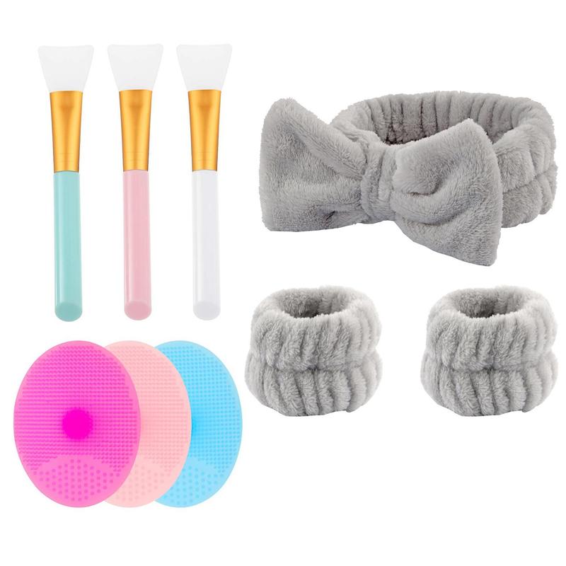 Face Cleaning Face Mask Tool Set, 9pcs/set Bow Headband & Wristbands, Mask Brushes & Silicone Facial Cleansing Brushes, Facial Skin Care Set