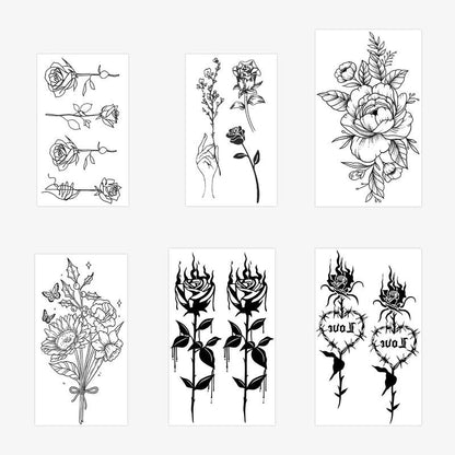 Mixed Size Flower & Heart Pattern Temporary Tattoo Sticker, 6 Sheets Realistic?Body Art Sticker