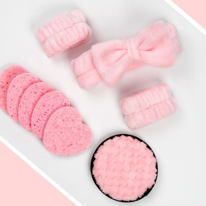 Facial Cleansing Tool Set, Including 1 Facial Cleansing Sponge, 5 Reusable Makeup Puff, 1 Bow Headband & 2 Makeup Wristband, Suitable for Women and Girls