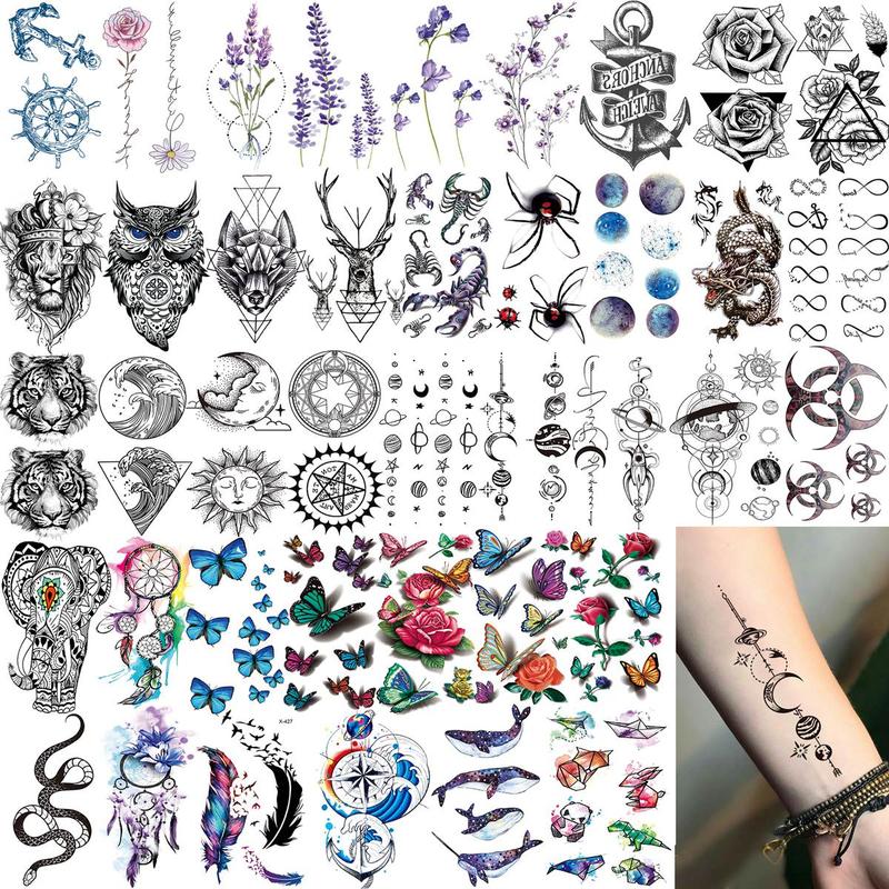 Lion & Owl &?Flower Pattern Temporary Tattoo Sticker, 54pcs/set Creative Fake Tattoo Sticker, Realistic Temporary Body Art Sticker, Body Decoration for Men & Women