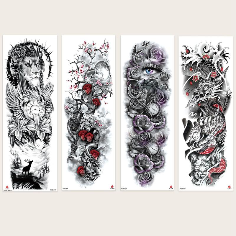 Temporary Tattoo Sticker, 4pcs Dragon & Tiger Pattern Tattoo Sticker for Arm & Full Arm Cover