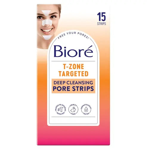 Biore T-Zone Blackhead Remover Deep Cleansing Pore Strips, (5 Nose + 5 Face + 5 Chin Pore Strips), Blackhead Pore Strips For The T-Zone Area, 15 Count