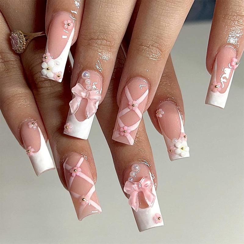 Party Makeup, 24pcs Stylish 3D Butterfly Rhinestone Press On Nails for Girls, Minimalist Full Cover Fake Nails£¬Bubble bath square round nail£¬Hello love press nails£¬Strawberry peach butterfly spring wear nail