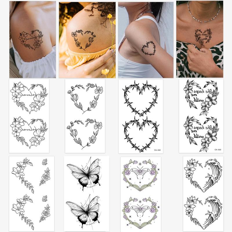 Heart & Wreath Design Waterproof Tattoo Stickers, 8pcs/set Mixed Patterns Temporary Tattoo Sticker for Women & Girls, Body Art Face Art Stickers