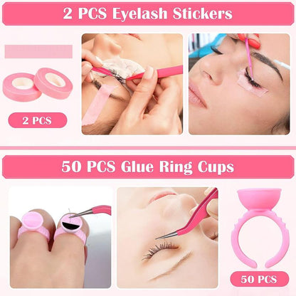 Eyelash Extension Tool Set, Including 1 Count Eyelash Fan, 2 Counts Tweezers, 100pcs Eyelash Swabs, 50pcs Brushes, 100pcs Glue Ring, 2pcs Tapes, 10pcs Eye Patch