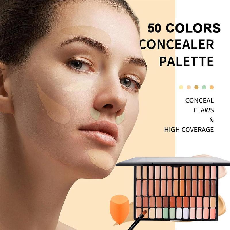 Concealer Palette, 1 Set 50-color Concealer Palette with 1 Count Beauty Blender and 1 Count Makeup Brush, Portable Multifunctional Makeup Palette, Cosmetics Palette