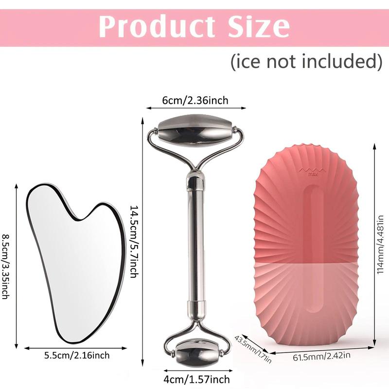 Face Roller Facial Skincare Ice Roller Set, 1 Set Heart-shaped Design Facial Scraper & Ice Roller Mold & Double-head Ice Roller for Face, Facial Massage Roller