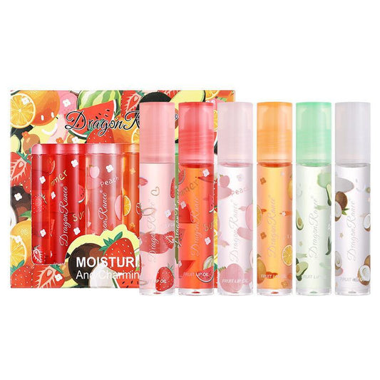 Fruit Pattern Moisturizing Lip Oil Set, 6pcs Nourishing & Moisturizing Lip Oil, Lip Hydrating Product, Portable Long Lasting Lip Balm for Women