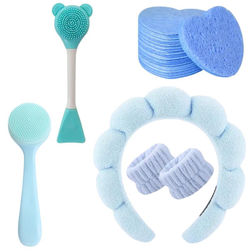 Face Cleaning Tool Set, Facial Cleansing Kit Including Heart Shaped Sponge & Face Washing Wristband & Headband & Facial Cleansing Brush, Cleaning Makeup Brushes