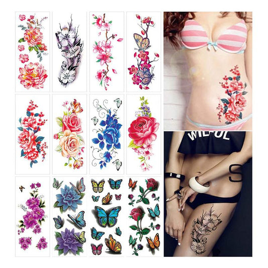 Flower Temporary Tattoos for Women Adults 3D Butterfly Rose Tattoo Sexy Fake Tattoo Stickers Waterproof Body Art Temp Tattoo Paper Colored Floral Lily Lotus Peony Festival Makeup Tattoo 12 Sheets