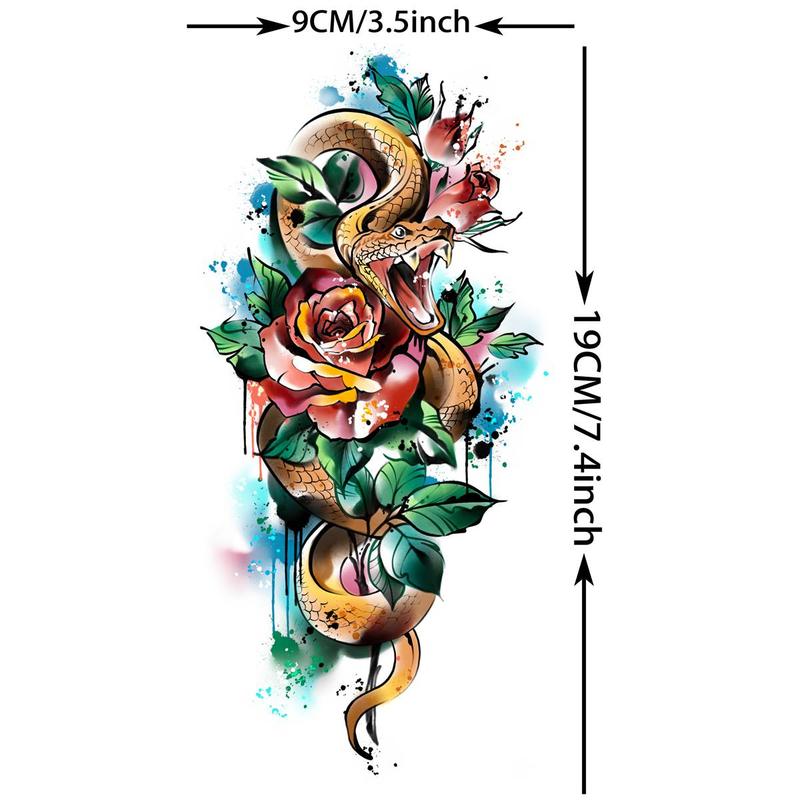 Snake & Flower Pattern Fake Tattoo Sticker (1 Piece), Watercolor Temporary Tattoo Decal for Women & Girls, Waterproof Body Art Sticker for Arm Legs