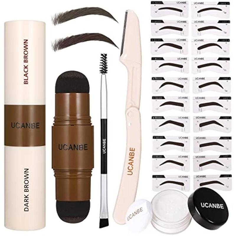 Explore the UCANBE 25PCS Eyebrow Stamp Stencil Kit, featuring a Dual-Color Eyebrow Stamp Pomade, 20 Reusable Stencils, Finishing Powder, Brush, Eyebrow Razor, all housed in a Waterproof Zipper Pouch. Achieve flawless brows effortlessly with this complete