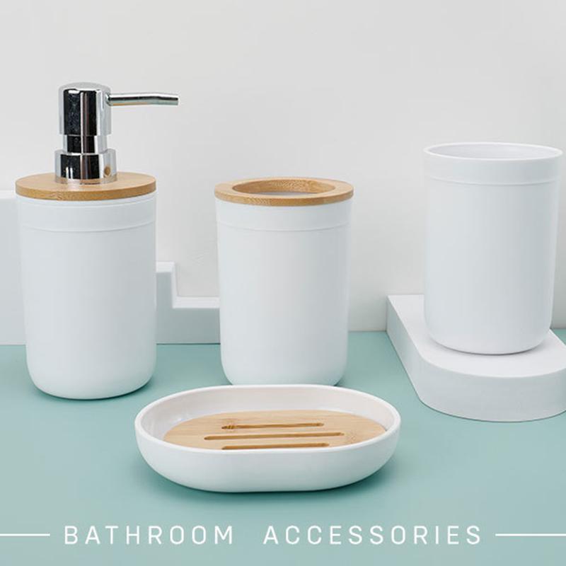 4pcs/set Bamboo Bathroom Set, Soap Dish, Shower Gel Dispenser Bottle, Skincare Tools for Home