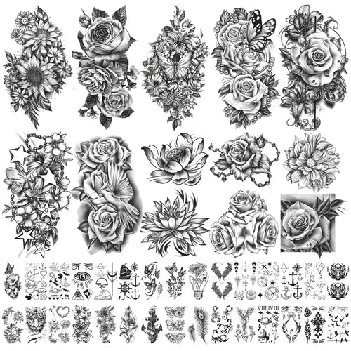 40 Sheets Waterproof Temporary Tattoos Flowers Rose Butterfly Fake Tattoo Mix Style Lasting Body Art Tattoo Stickers for Women Men