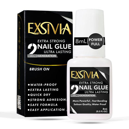 EXSIVIA 2nd Generation Super Strong Nail Glue - Salon Quality, Extra Strength for Acrylic, Press-On, Fake Nails, Quick Dry, Long Lasting, No Dehydrator and Primer Needed - 8ml