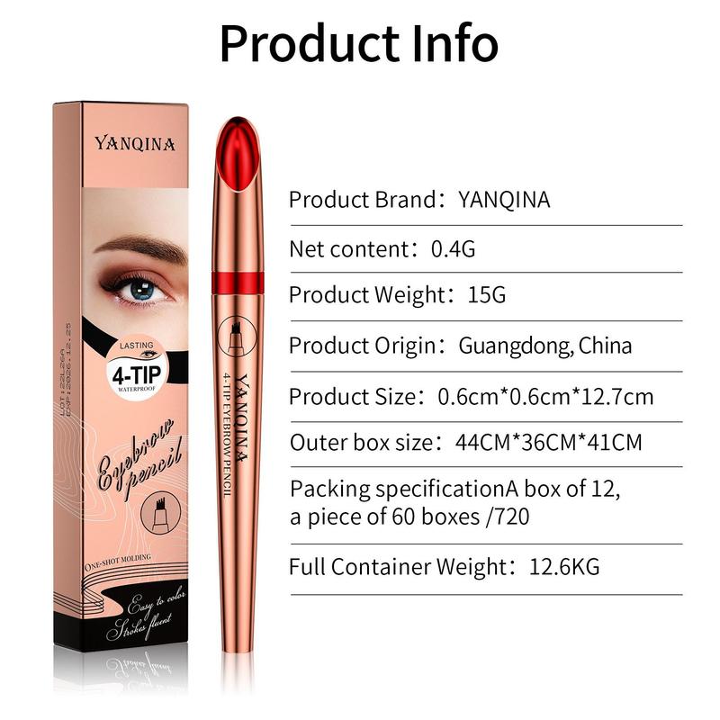 4-tip Eyebrow Pencil, 1 Count Waterproof Long Lasting Eyebrow Pencil, Sweat Proof High Pigmented Brow Shading & Filling Pencil, Makeup Tool