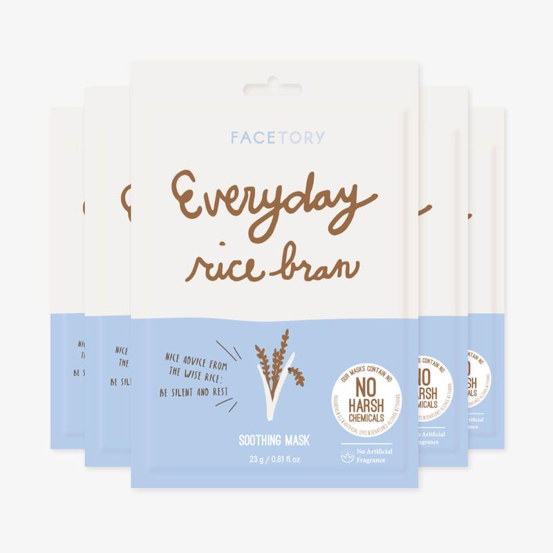 Everyday Rice Bran Soothing Sheet Mask - Pack of 5 - Soft, Form-Fitting Korean Sheet Masks, Moisturizing and Soothing Daily Skincare