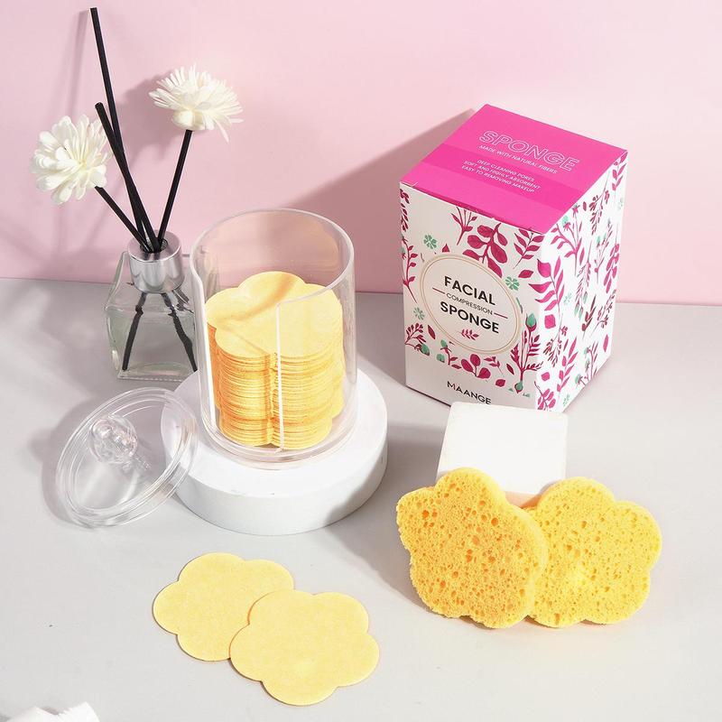 Flower Shaped Compressed Sponges, 60pcs/set Natural Cellulose Facial Cleaning Sponges with Organizer, Professional Sponges for Face Washing, Massaging, Pores Exfoliating & Makeup Removal