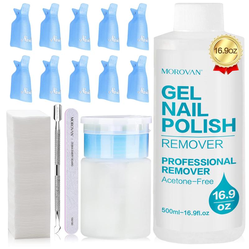 Morovan Gel Nail Polish Remover Kit - 16OZ Professional Nail Polish Remover Tools with Soak-Off Clip Cuticle Pusher Nail File for Natural Soak off UV LED Gel Glitter Dip Powder Dark Colored Paints