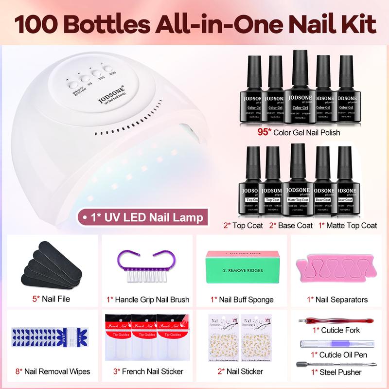 JODSONE 100 Bottles of Gel Nail Polish Kit with U V Led Light 95 Multiple Glossy Glitter Colors Mint Green Light Pink Nail Gel Base Coat Glossy and Matte Top Coat Gel Polish Kit for Mother's day gifts