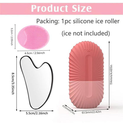 Face Massage Tool Set (3 Counts/set), Ice Roller & Scraper & Silicone Brush, Reusable Face Massage Tool with Storage Bag for Women