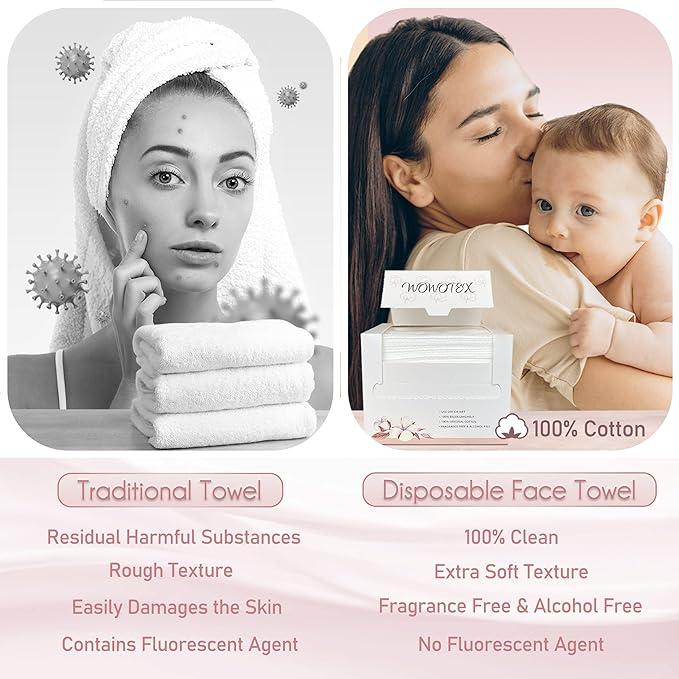 100% Cotton Disposable Face Towel Biodegradable Face Towel for Drying Face 50 Count/Box Extra Thick Soft One Time Use Face Towels 10"¡Á12" Large Clean Towels for Sensitive Skin, Baby Care