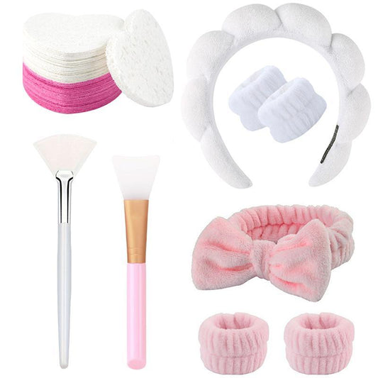 Facial Cleansing Tool Set (28pcs/set), Including 20pcs Wash Pads, 6 Headband Wristband Set, 1 Fan Mask Brush, 1 Silicone Mask Brush