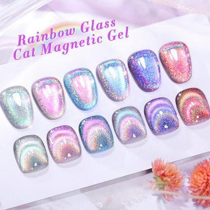 BORN PRETTY Rainbow Glass Cat Eye Magnetic Gel Polish 6 Colors Nails Art Set With Magnetic Stick Need UV Light