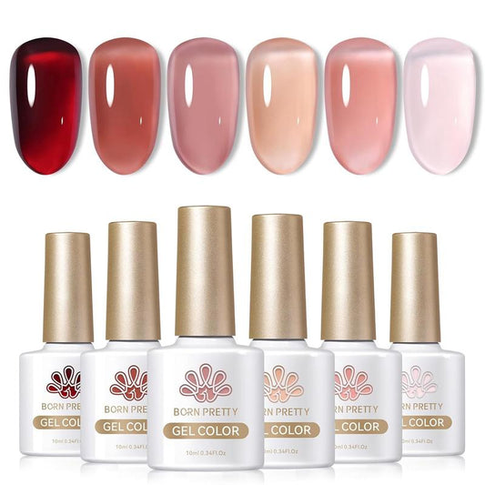 BORN PRETTY 6 Colors Jelly Gel Nail Polish Set Pink Red Nude for Summer&Spring Sea Glass Nails Art DIY at Home Nail Care