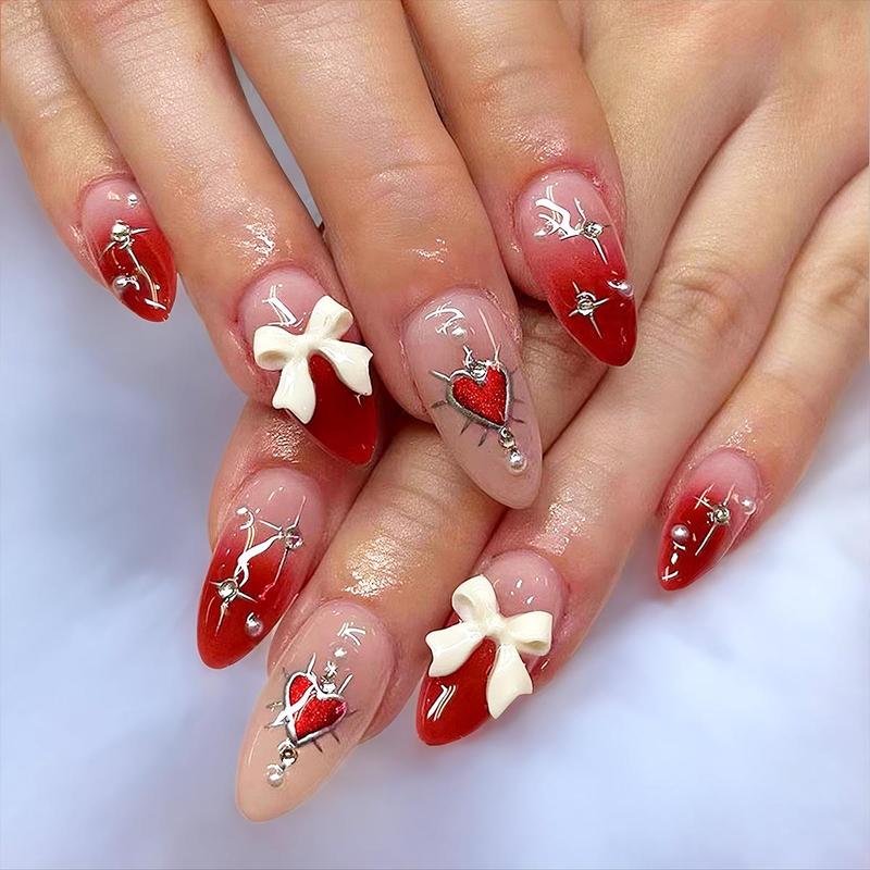 Party Makeup, 24pcs Stylish 3D Butterfly Rhinestone Press On Nails for Girls, Minimalist Full Cover Fake Nails£¬Bubble bath square round nail£¬Hello love press nails£¬Strawberry peach butterfly spring wear nail