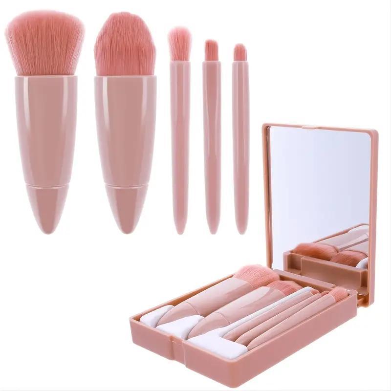 Portable Makeup Brush Set with Mirror Case, 5 Counts/set Mini Makeup Brushes for Foundation, Powder, Cosmetic Tool,?Back To School